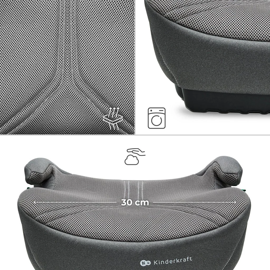 Detská podsedák ISOFIX i-Size 125–150 cm – ľahký, AIR FLOW, sivý