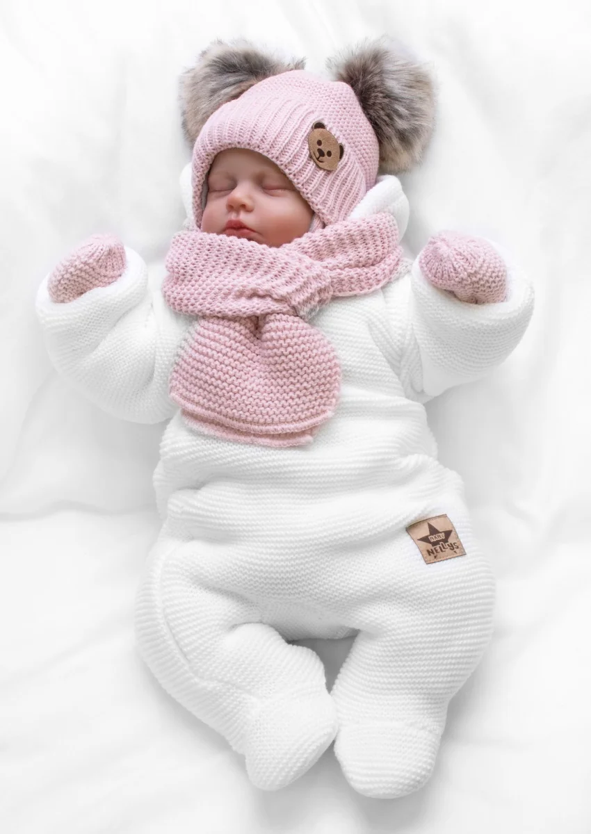 Detská sada, zimná čiapka so šálom + rukavičky 3D, Teddy Bear - pudrovo ružová