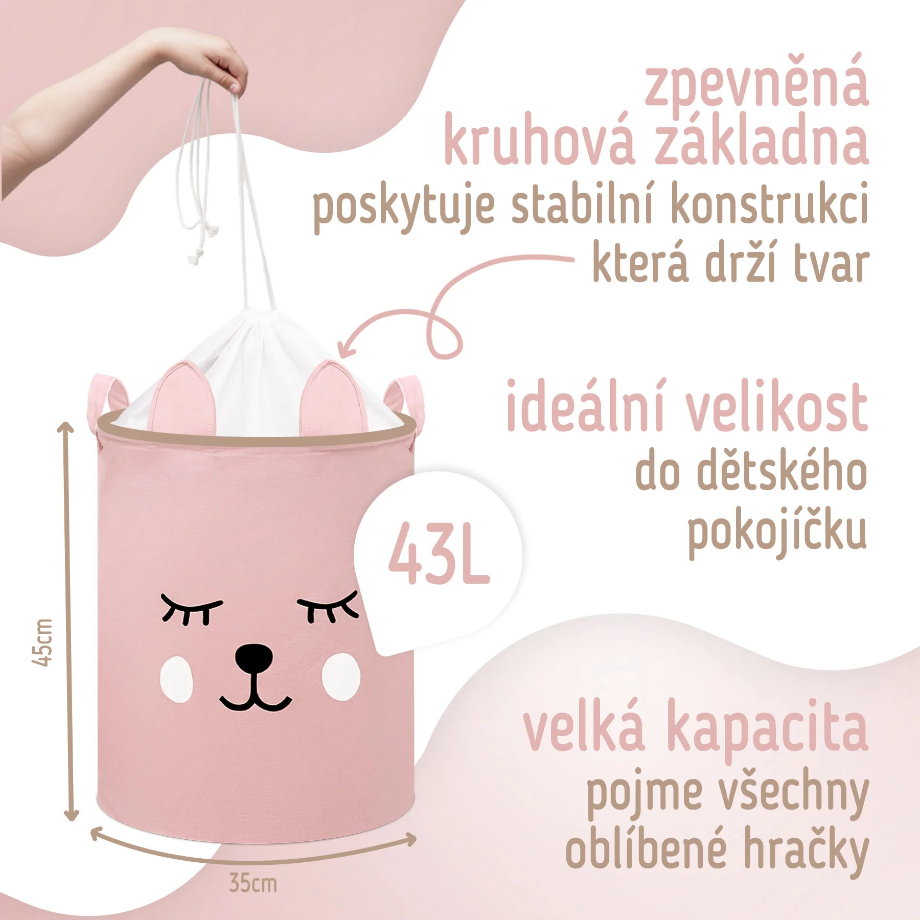 SIPO skladací bavlnený kôš na hračky so šnúrkou 43 l Teddy Bear Pink