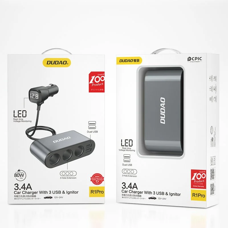 Dudao R1Pro autonabíjačka 2x USB / 3x Splitter, čierna