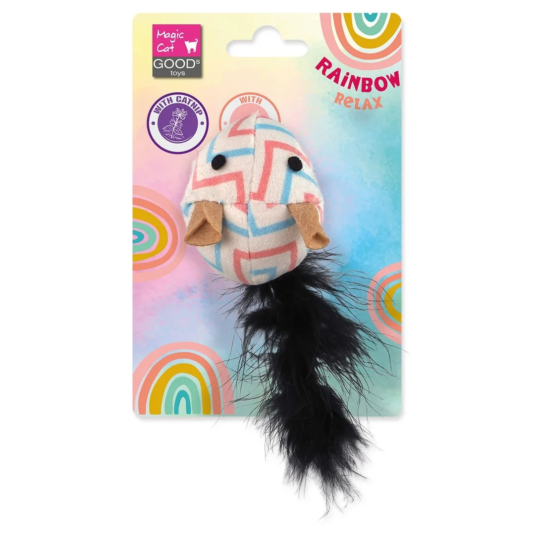 Hračka Magic Cat Rainbow Relax myš s pierkom a kocúrnikom biela 5,5cm