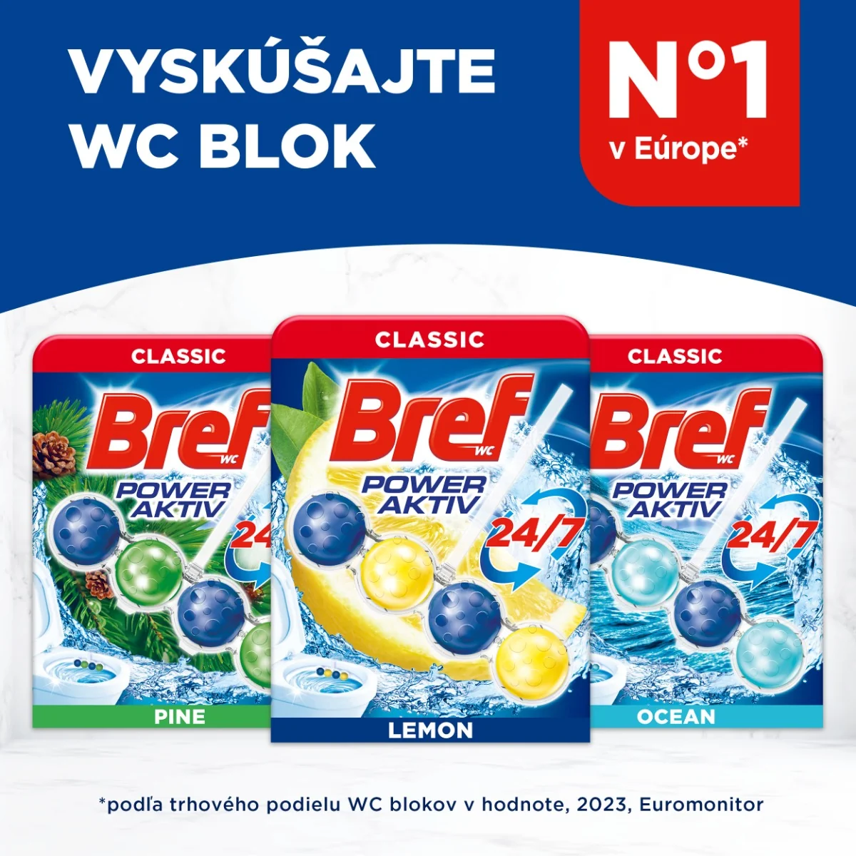 Bref Power Aktiv tuhý WC blok Lemon 3×50 g 3×50 g, WC blok