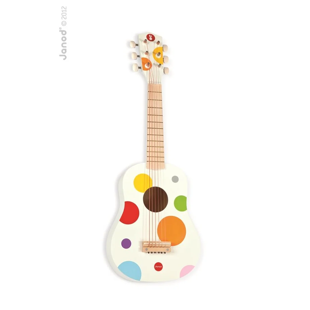 Janod Drevený hudobný nástroj prvá gitara pre deti Confetti s reálnym zvukom 6 strún