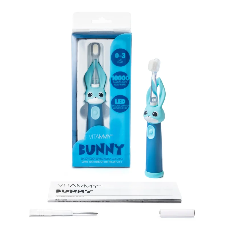 VITAMMY Bunny Sonická zubná kefka pre deti s LED svetlom a nanovláknami, 0-3 roky 1×1 ks, sonická zubná kefka, modrá