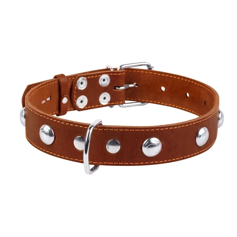 Kožený obojok s kovovou dekoráciou hnedý, Obvod krku: dĺžka: 38-50 cm, širka: 25 mm