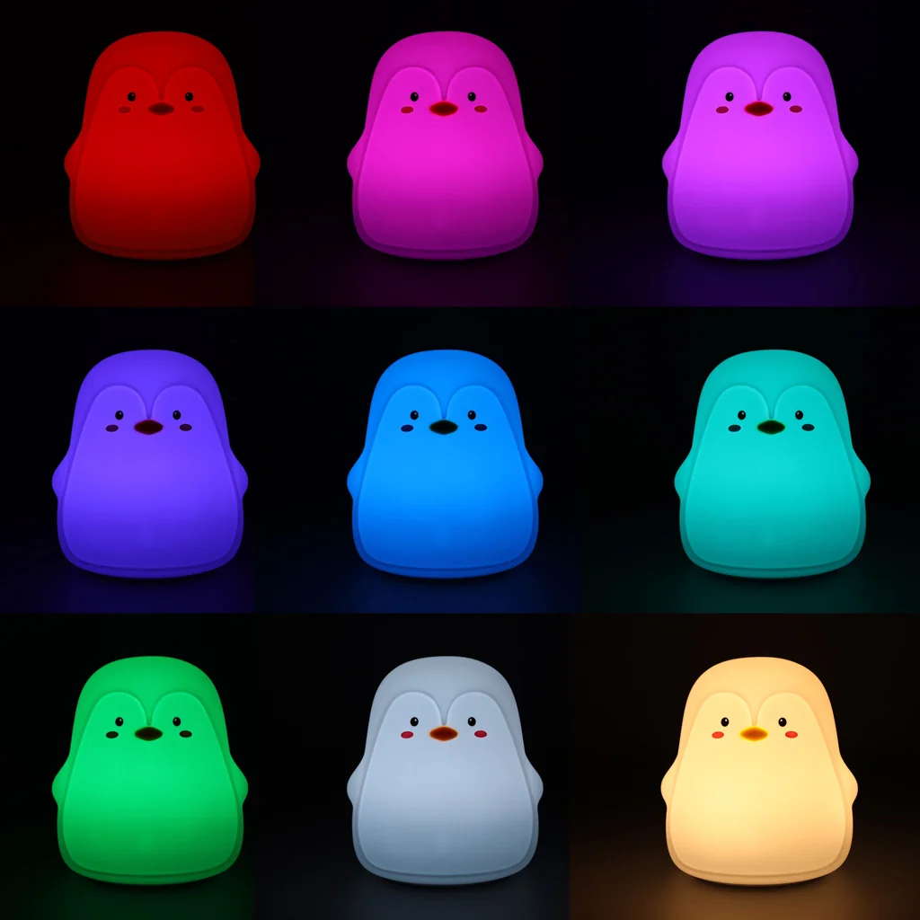 Detská silikónová nočná lampa – tučniak, LED, 1200 mAh, dotykové ovládanie