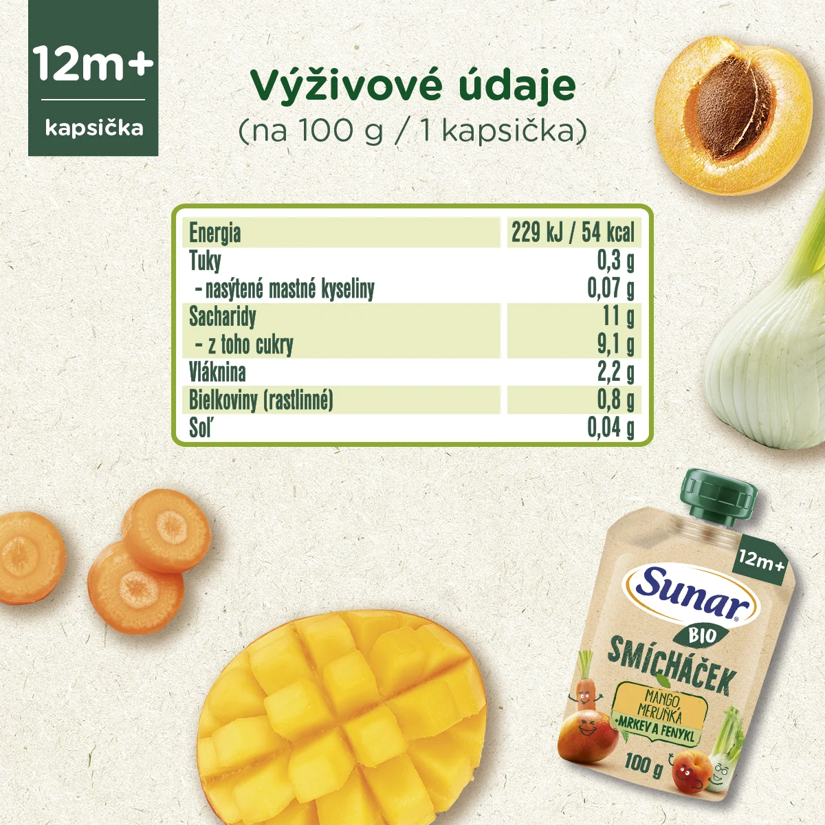 SUNAR BIO SMICHACEK mango, marhuľa, mrkva, fenykel 1×100 g, ovocný príkrm