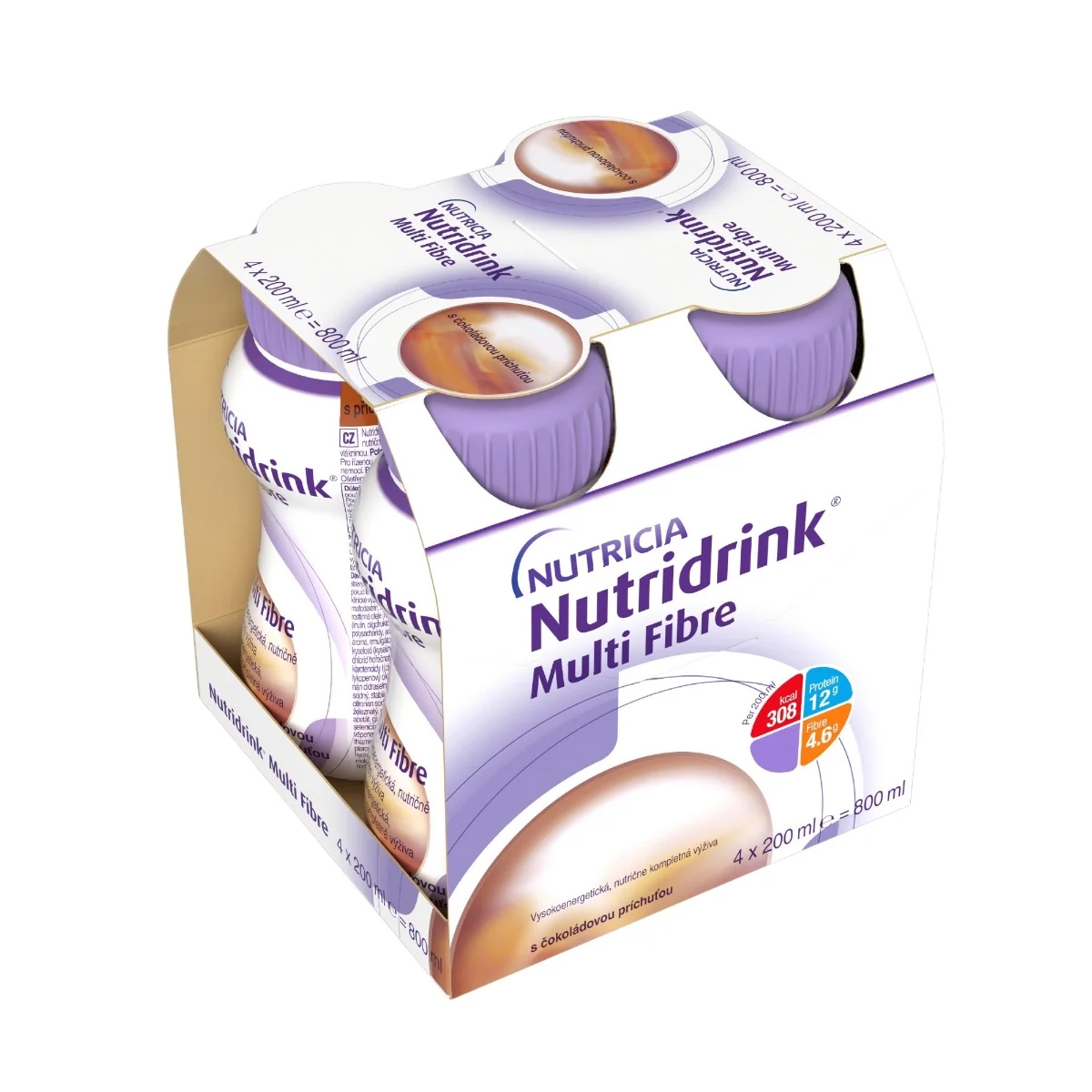 Nutridrink Multi Fibre čokoládová príchuť 4×200 ml, nápoj na medicínske účely