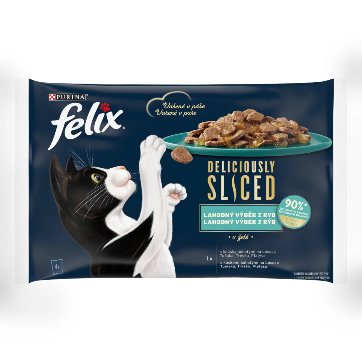 Felix Deliciously Sliced kapsičky pre mačky losos, tuniak, treska, platesa v želé 4x80 g 4×80 g, kapsičky pre mačky