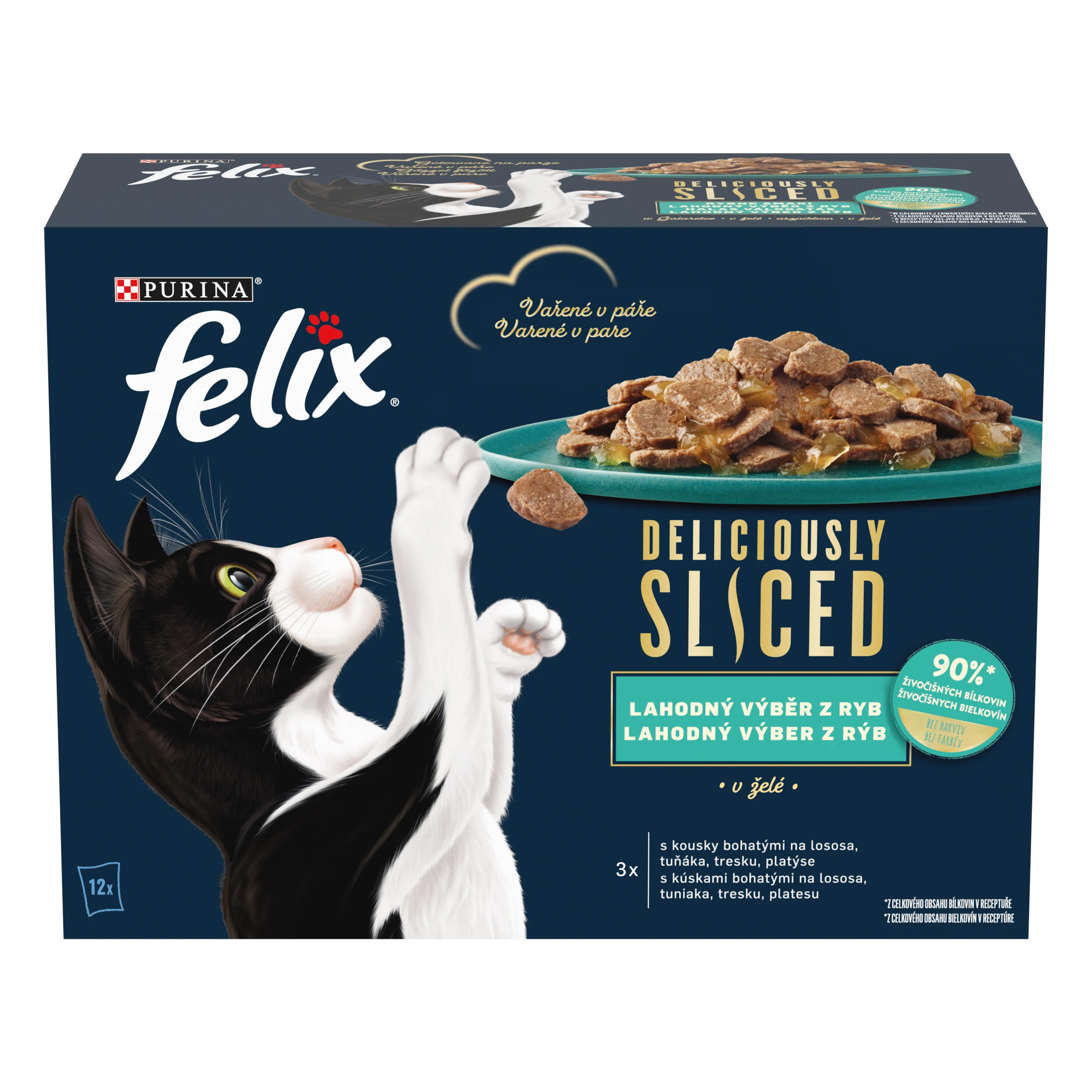 Felix Deliciously Sliced kapsičky pre mačky losos, tuniak, treska, platesa v želé 12×80 g 12×80 g, kapsičky pre mačky