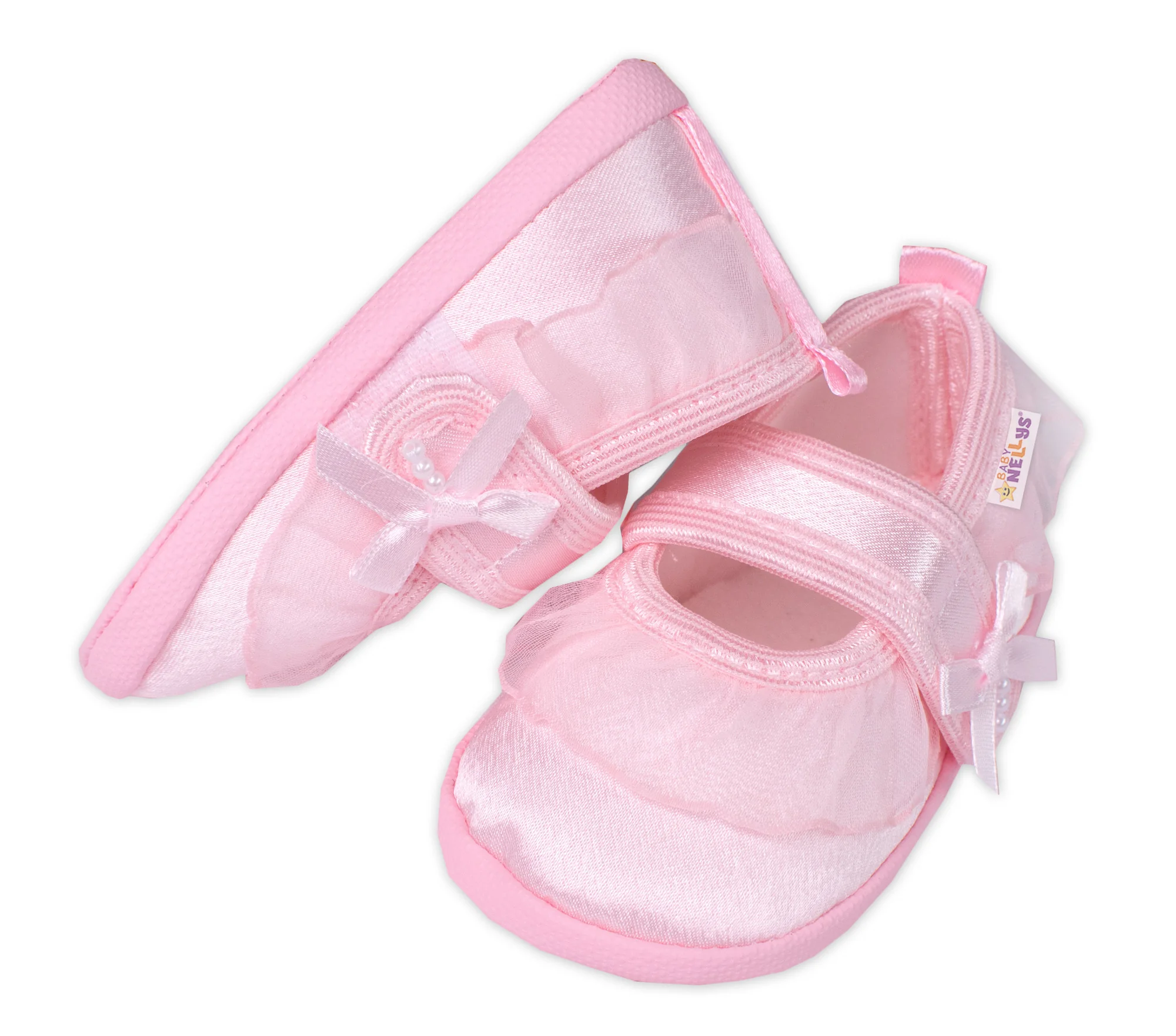 Dojčenské capáčky/topánočky s čipkou a mašľou, Baby Nellys, ružové