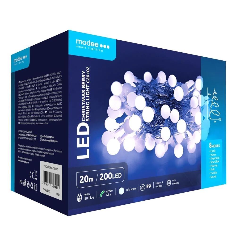 Modee Lighting LED vianočná reťaz 200 LED 20m studená biela bobule