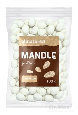 Allnature Mandle Raffaello 100g 1×100 g, mandle v bielej čokoláde s kokosom