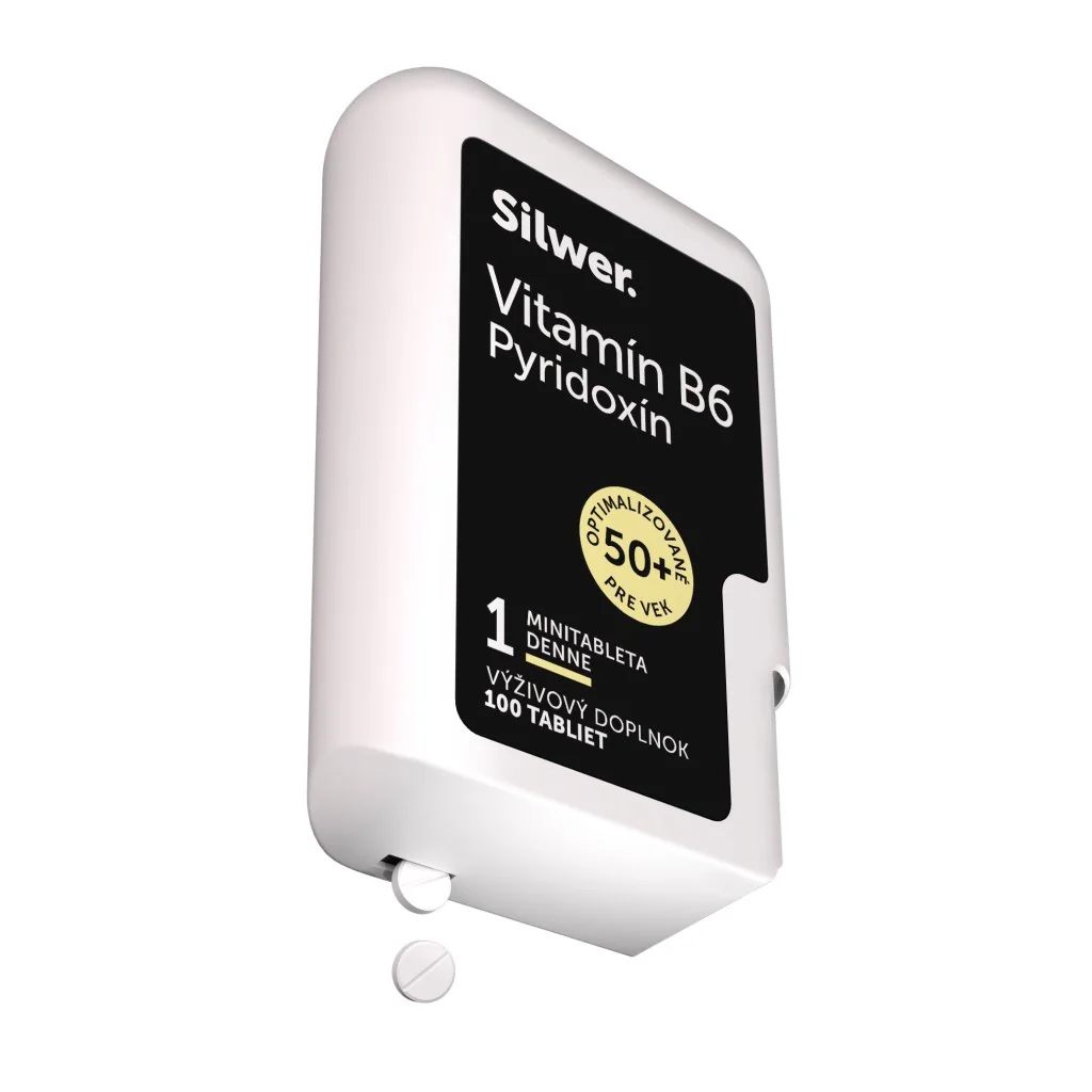 Silwer Vitamín B6 Pyridoxín, minitablety v dvojbalení 100 + 100 minitabliet. Nervy, imunita, metabolizmus.