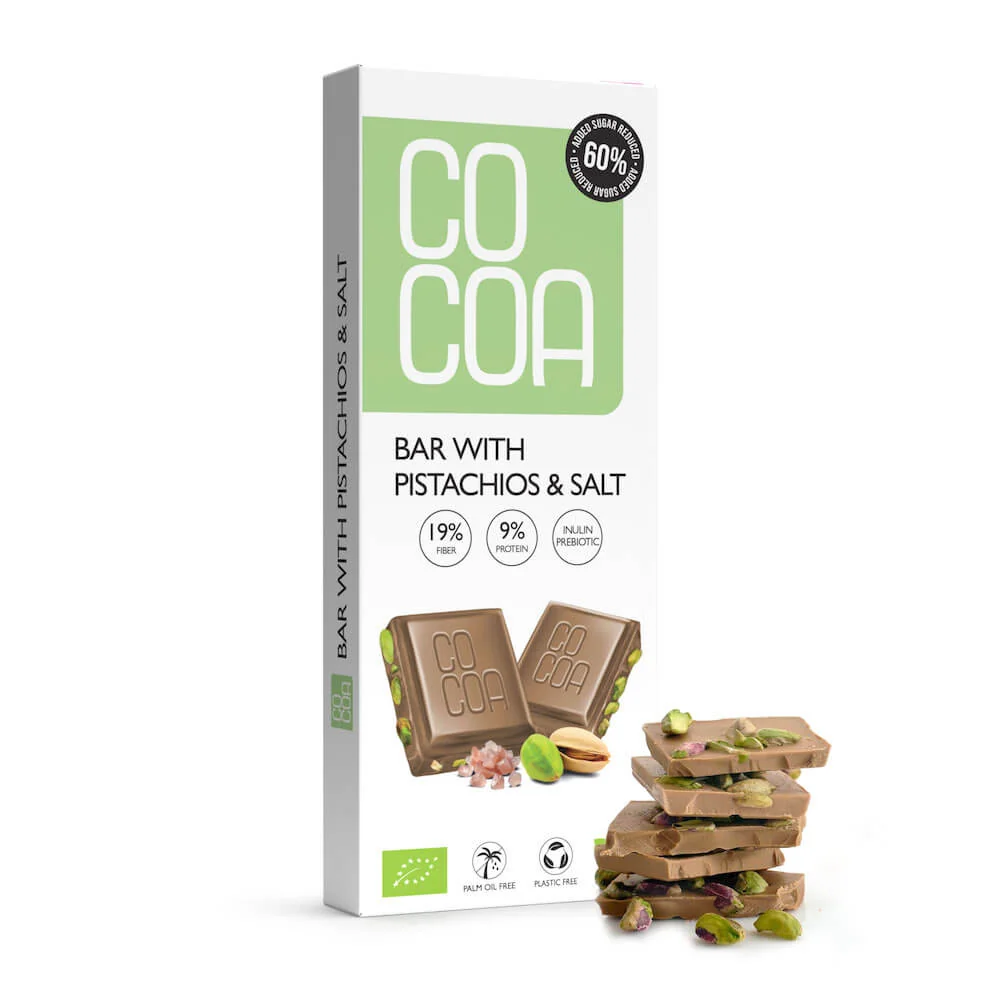 COCOA Čokoláda biela s pistáciami a soľou BIO 40g 1×40 g, biela čokoláda s pistáciami a soľou