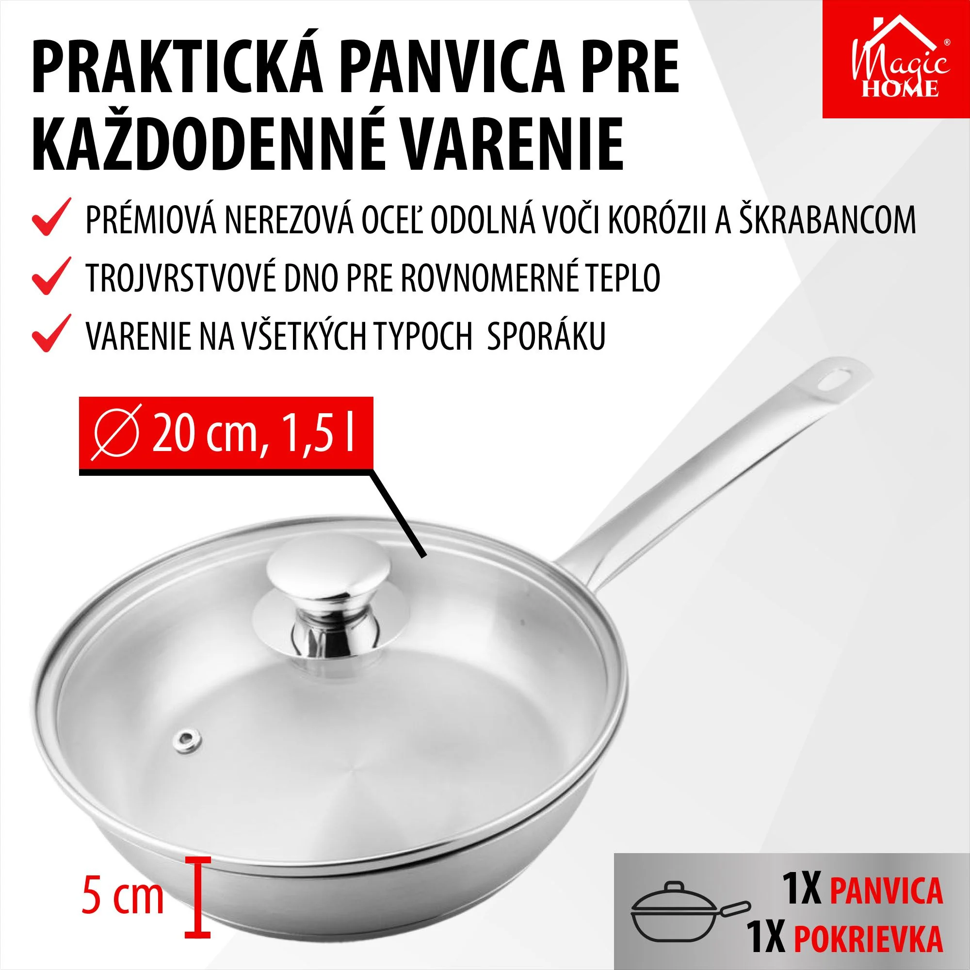MagicHome panvica Chloe, 1 ks 20 cm, 1,5 l, so sklenenou pokrievkou, nerez