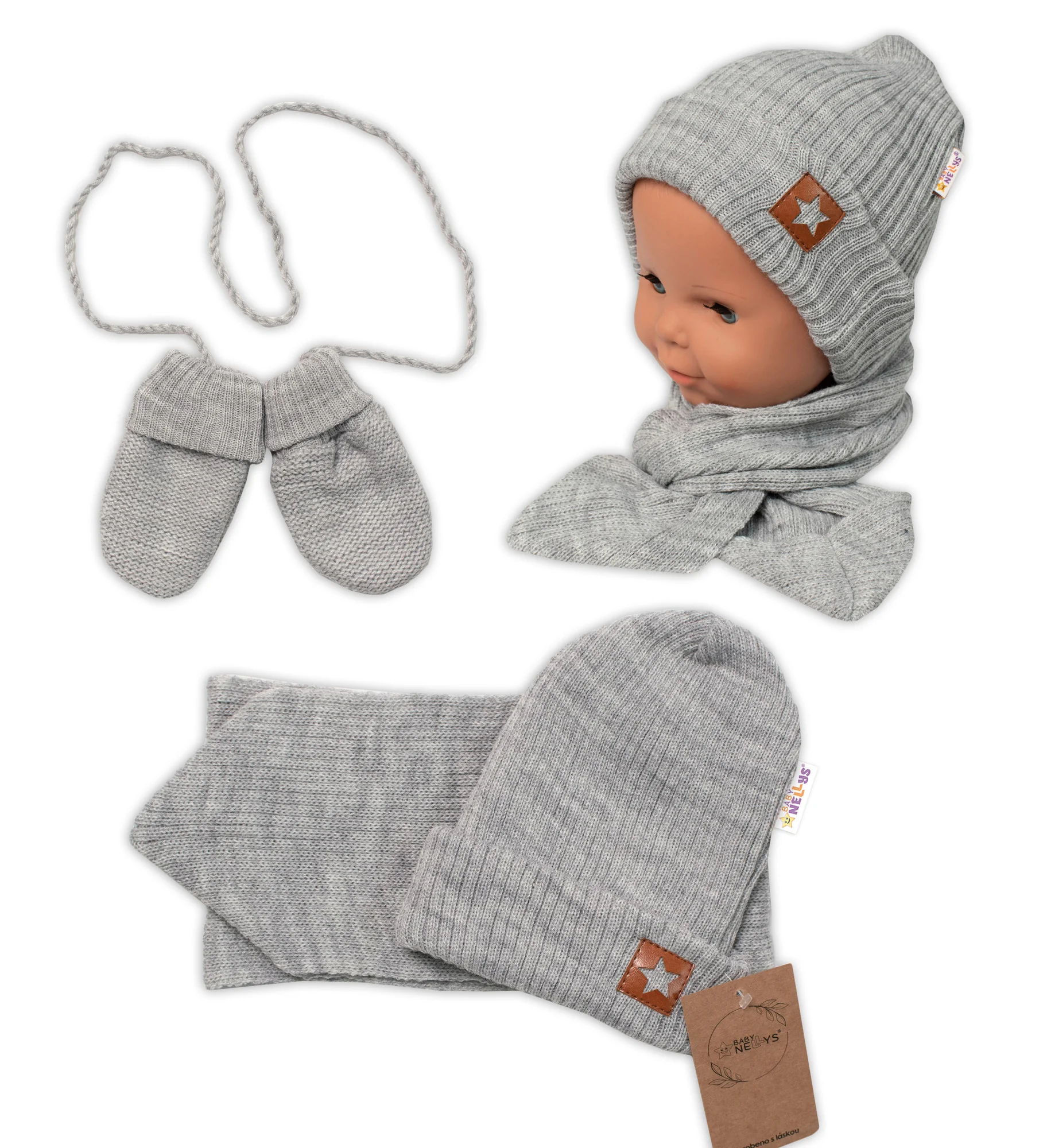 Baby Nellys Pletená čiapka so šálom a rukavičky 3v1, STAR - šedá