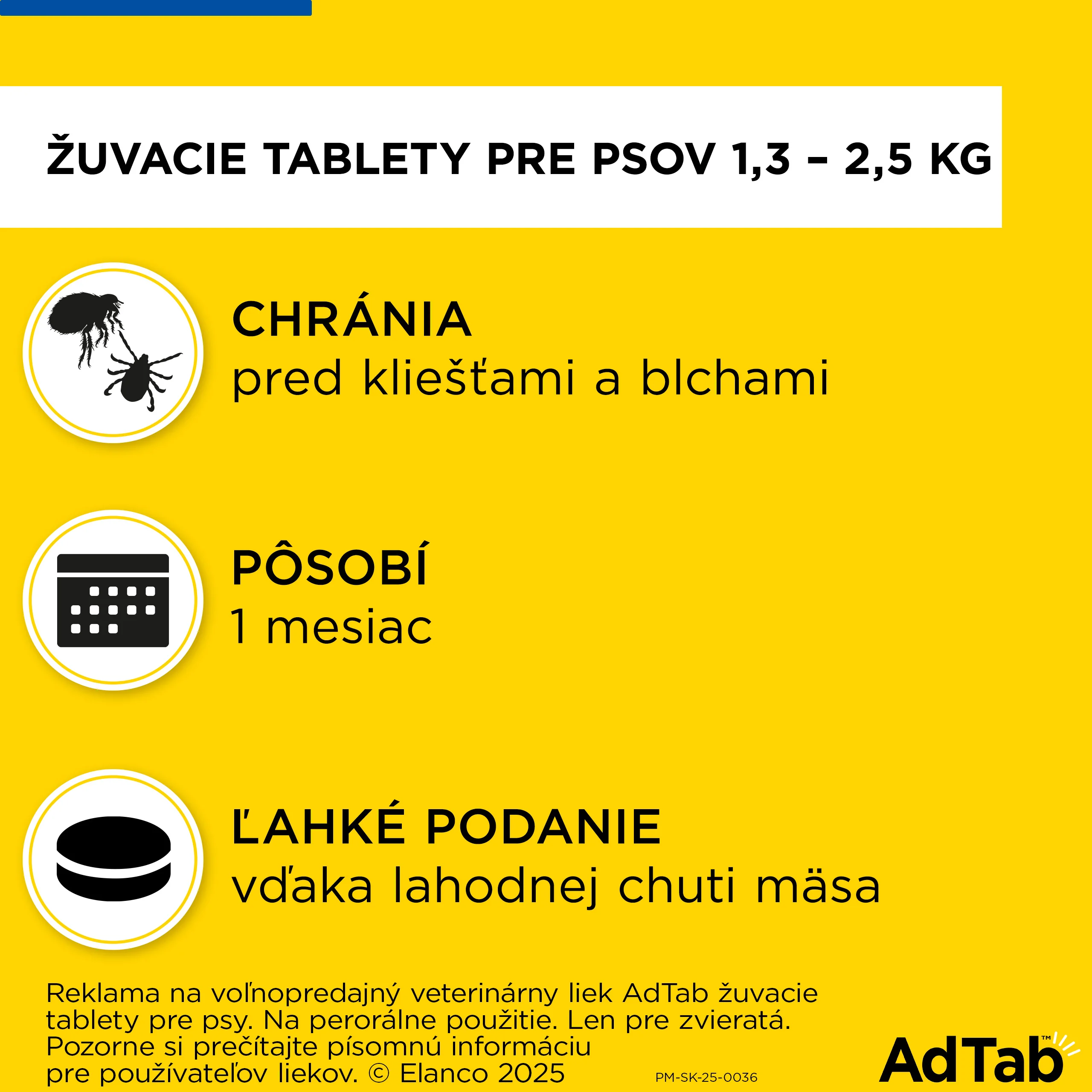 AdTab žuvacie tablety pre psy 56 mg, hmotnosť psa 1,3–2,5 kg 1 tbl