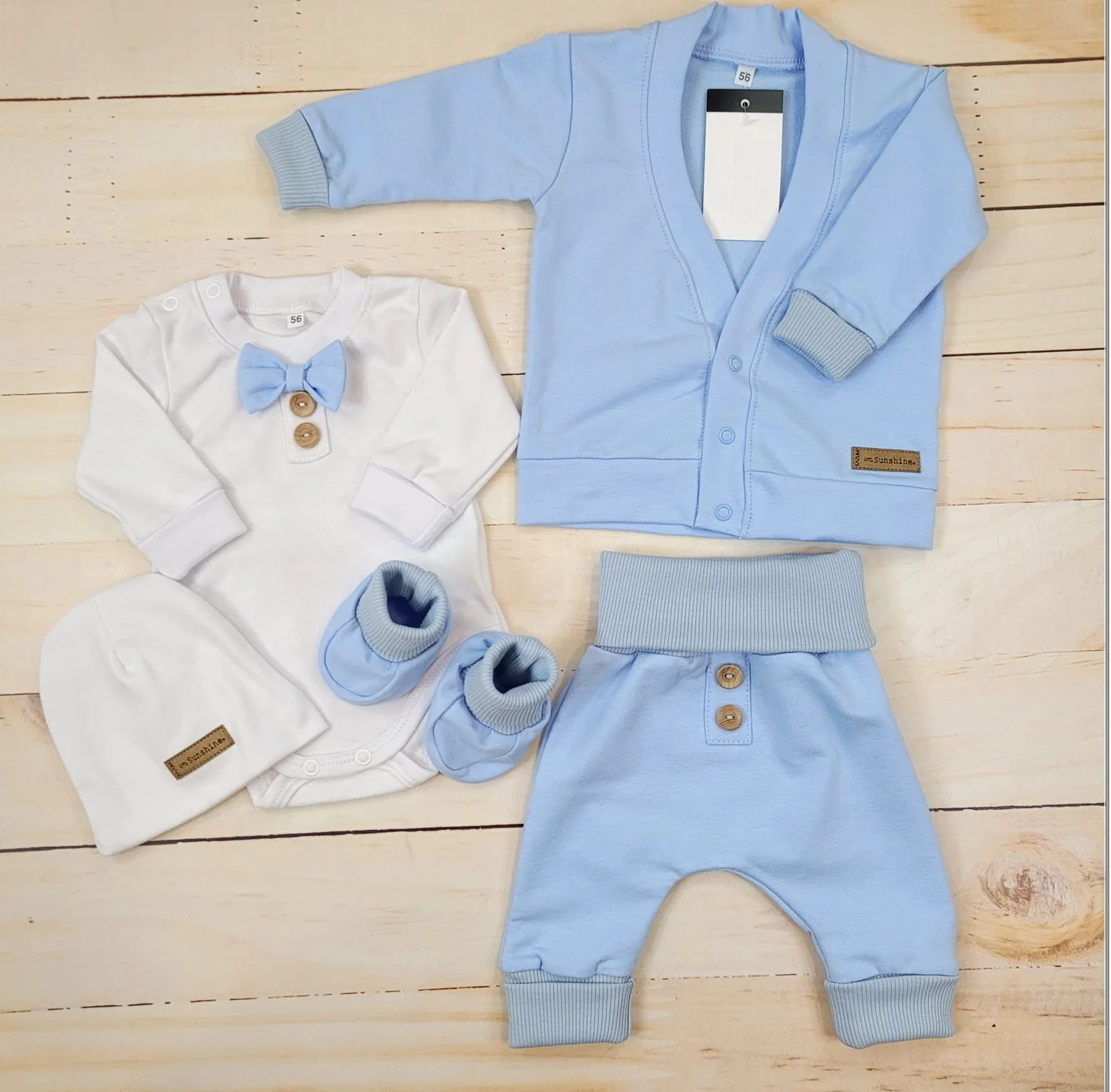 Bavlnená sada, body, nohavice, motýlik a čiapka Elegant Boy 5D, Kazum, modrá/biela, veľ.74