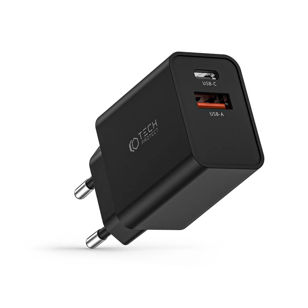 Tech-Protect 2-port sieťová nabíjačka USB / USB-C 30W QC, čierna