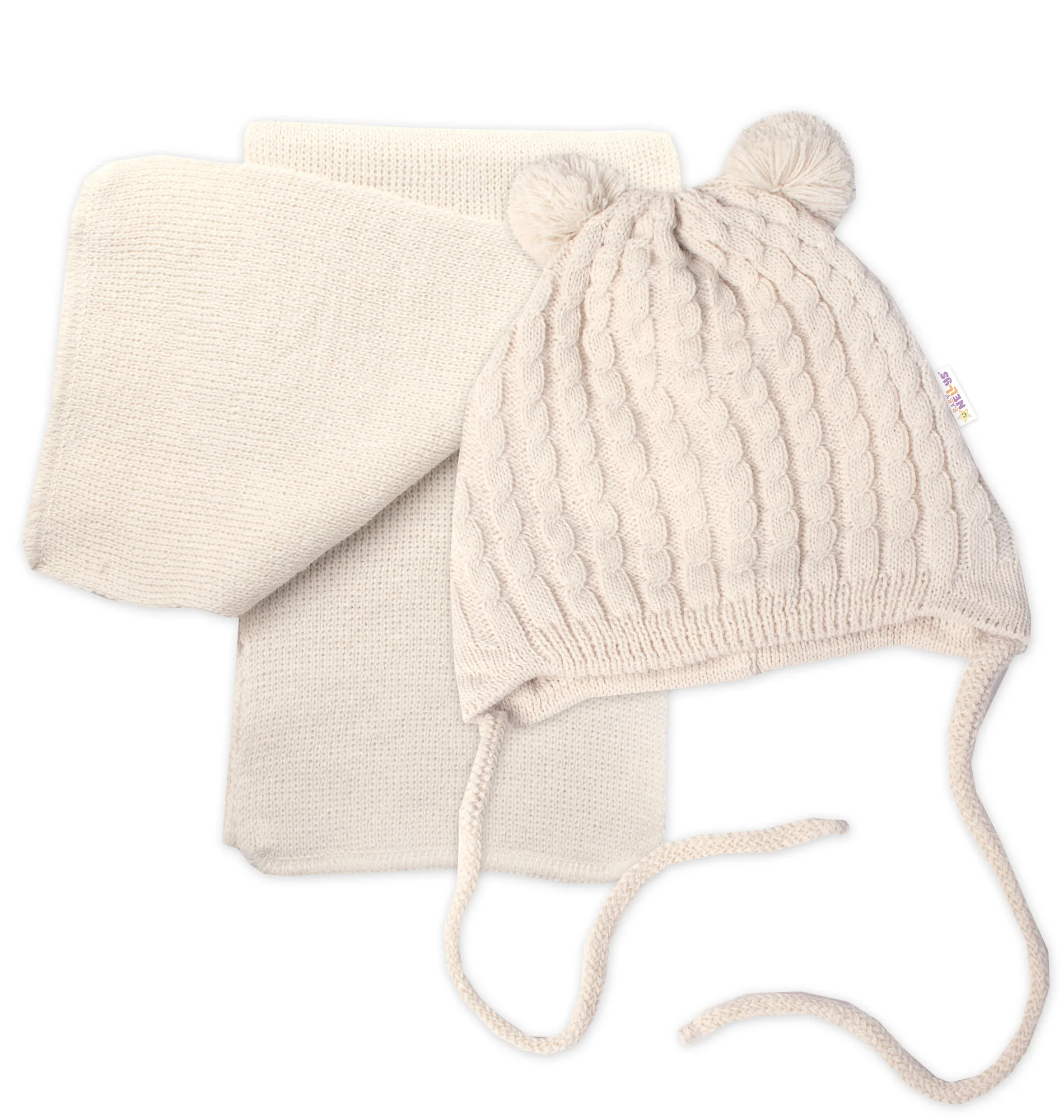 Zimná čiapka na zaväzovanie s brmbolcami + šál, Baby Nellys - béžová, vel. 62/68