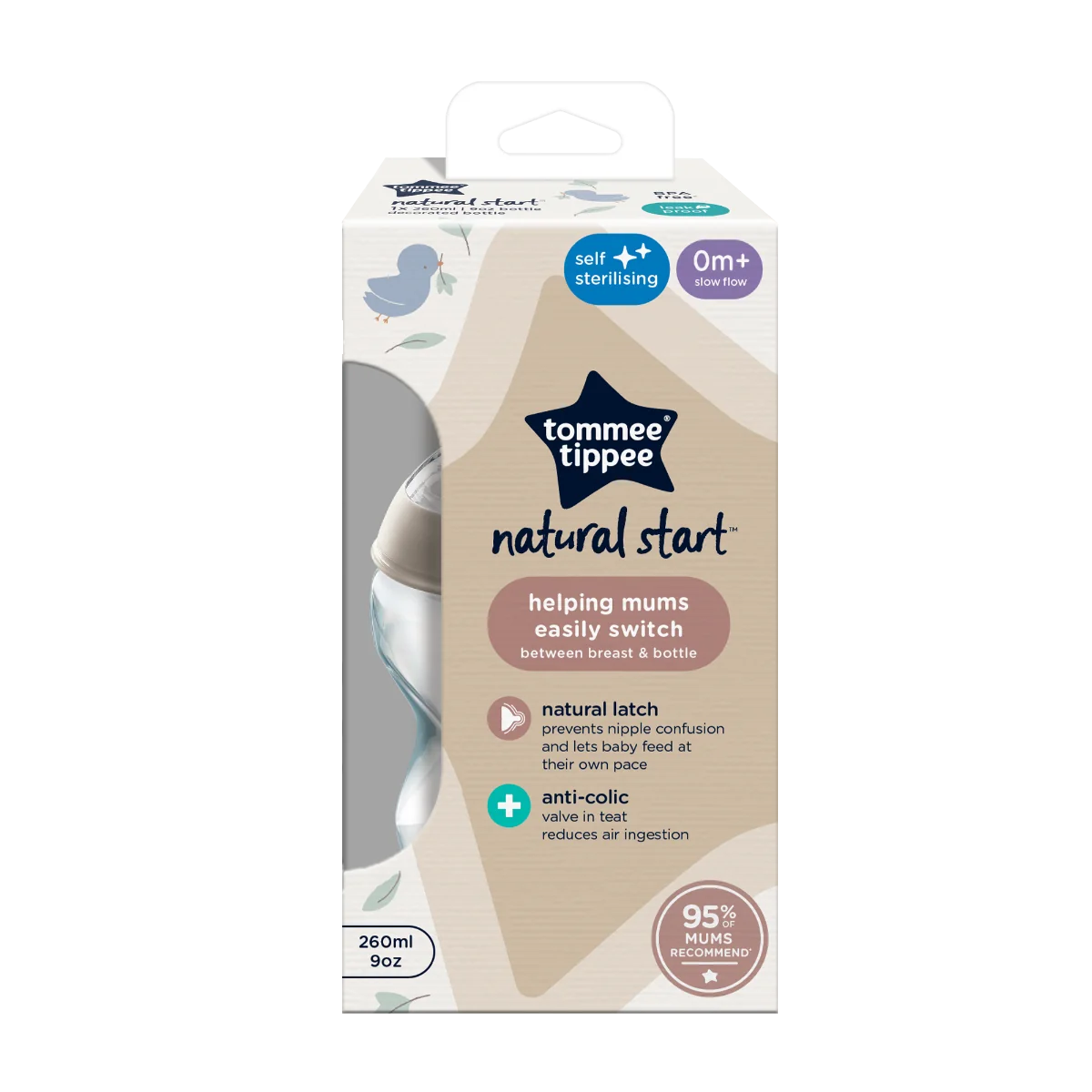Tommee Tippee Natural Start Samosterilizační Dojčenská Fľaša s ANTI-COLIC cumlíkom Pomalý Prietok 260 ml 0m+, Vtáčik 1×1 ks, dojčenská fľaša