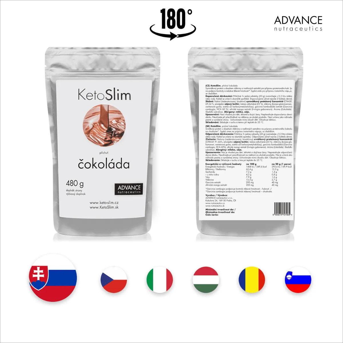 KetoSlim, príchuť čokoláda 480 g - proteínový koktail 1×480 g, výživový doplnok