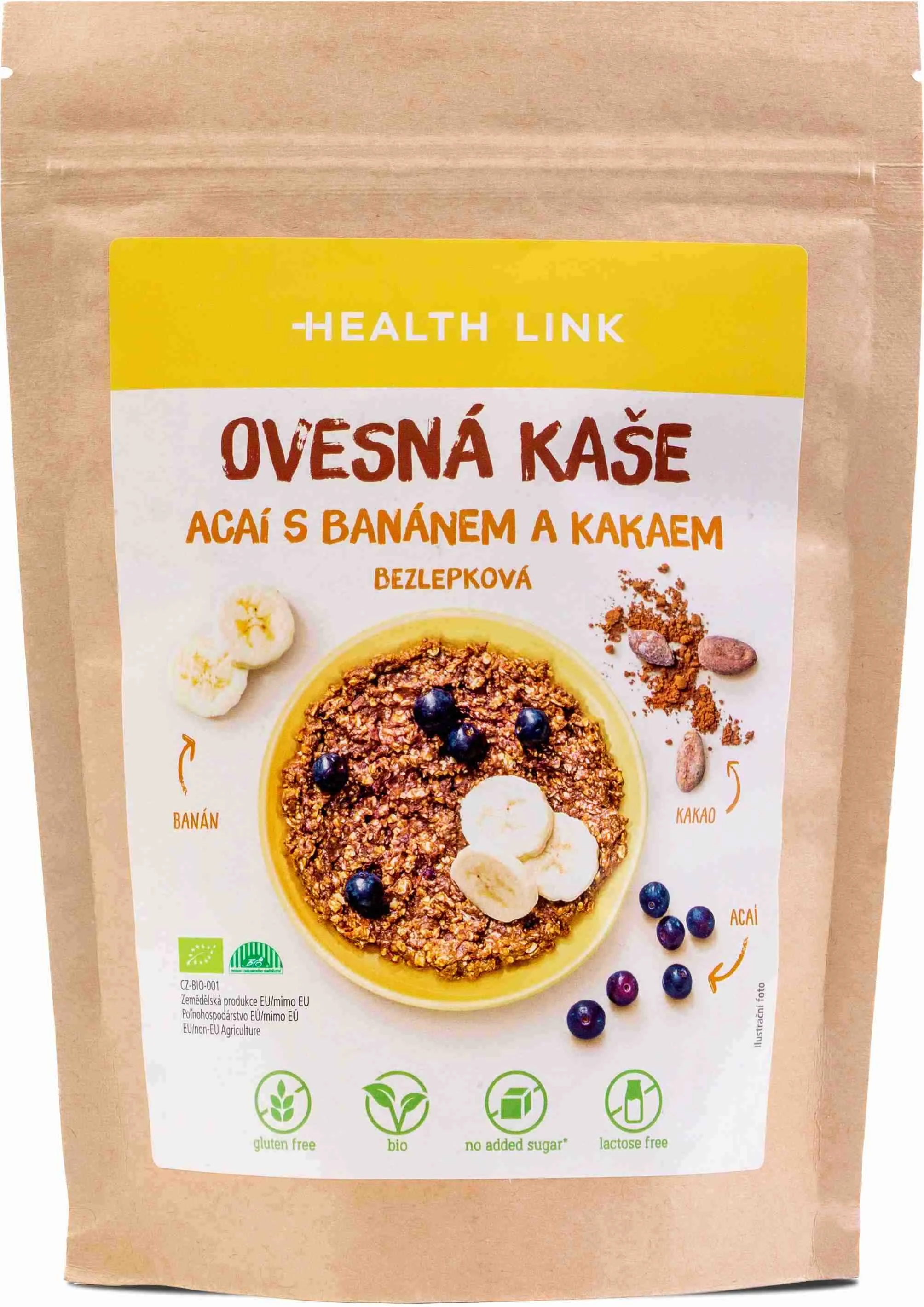 Health link BIO ovsená bezlepková kaša acai s banánom a kakaom 1×300 g, ovsená bezlepková kaša
