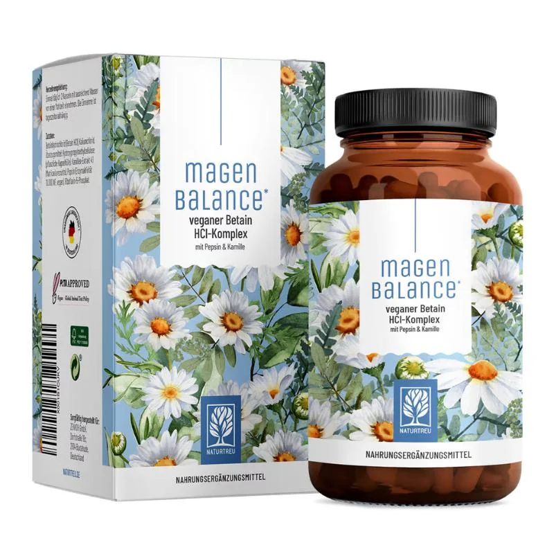 Naturtreu Rovnováha žalúdka - Betaín HCl s pepsínom a harmančekom na trávenie, 120 kapsúl