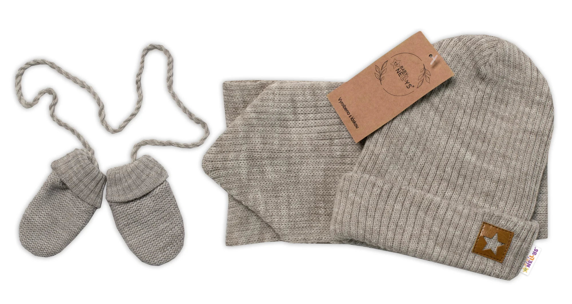 Baby Nellys Pletená čiapka so šálom a rukavičky 3v1, STAR - béžová, veľ. 56/62