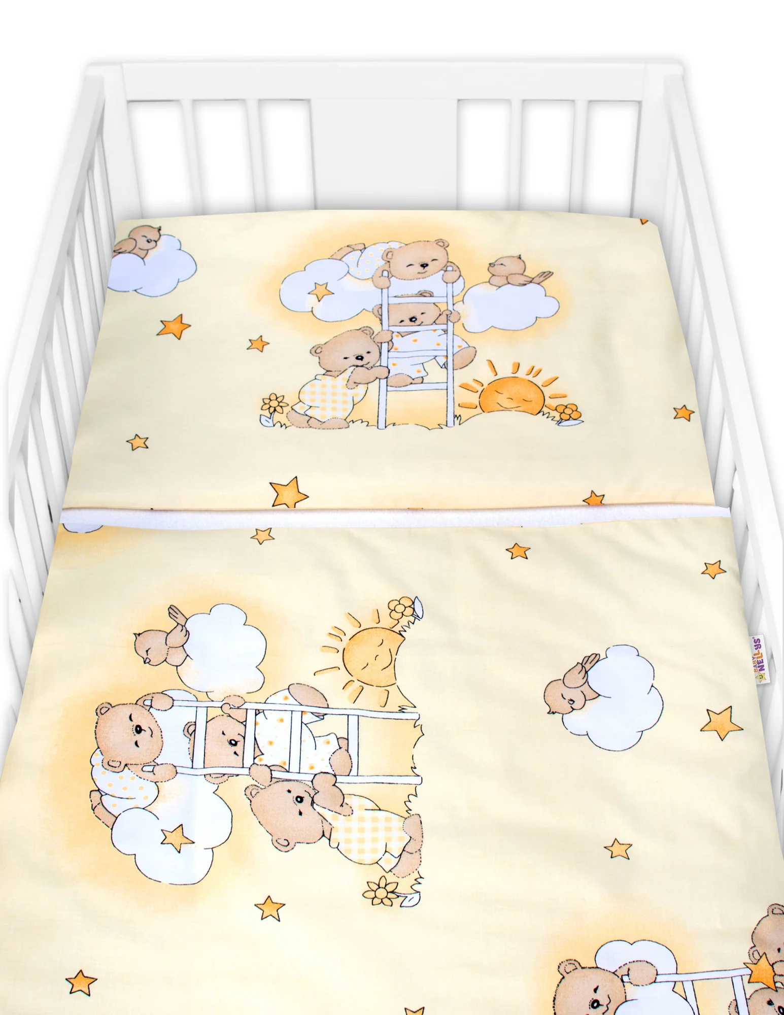 Mantinel s obliečkami Premium, 3D sada, Medvedík na rebríku, žltý, 135x100cm 