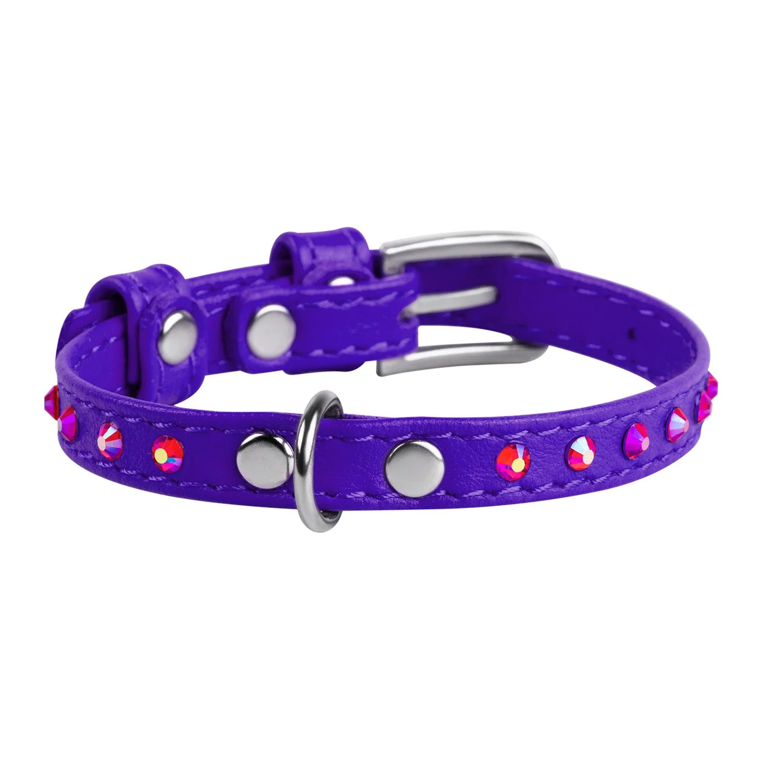 Plochý kožený obojok fialovej farby s kryštálmi, Obvod krku: 30-39 cm, širka: 20 mm