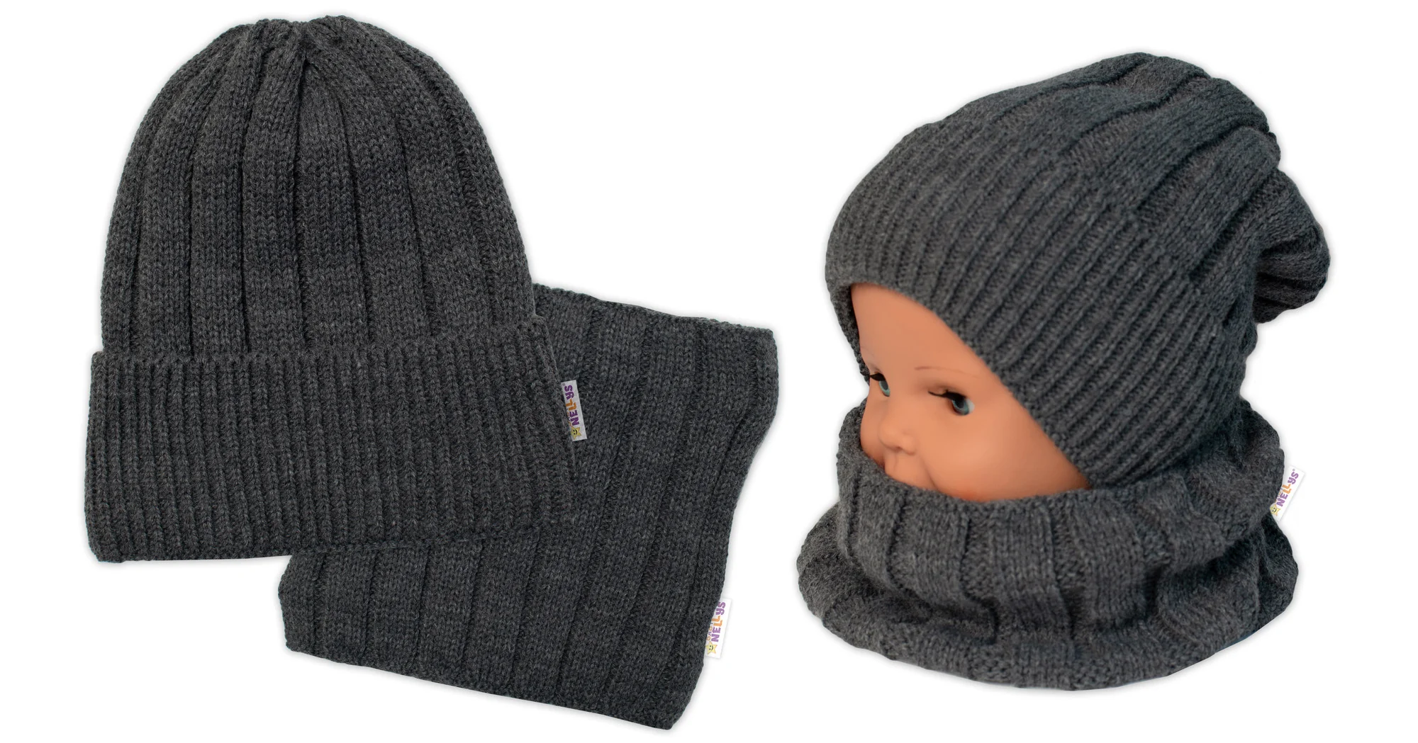 Zimná nadčasová čiapka + komín, tm. sivá