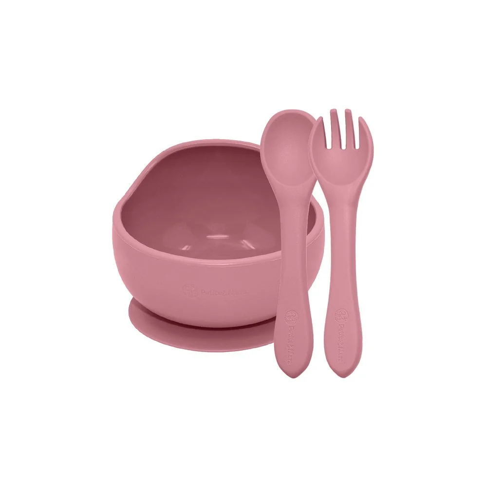 Set jedálenský silikónový TAKE&MATCH 2 ks miska + príbor Dusty Rose 6m+