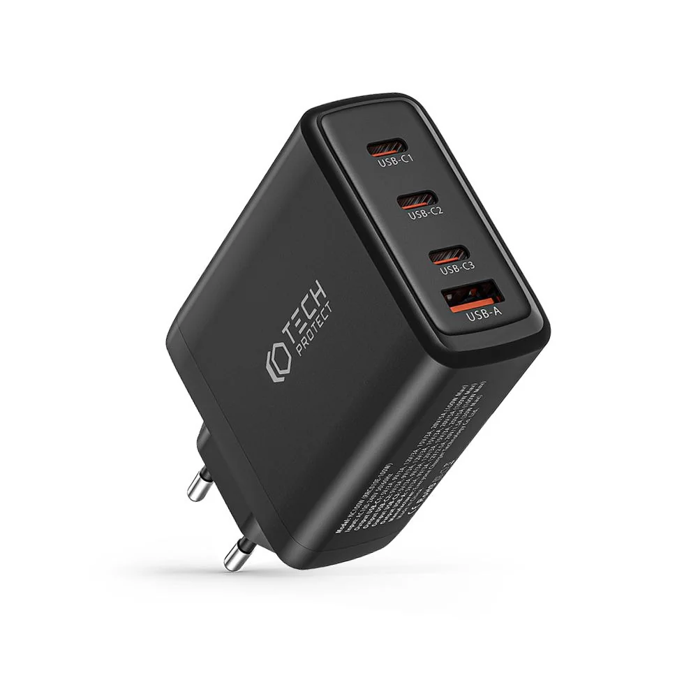 Tech-Protect GaN sieťová nabíjačka USB / 3x USB-C 100W PD QC, čierna 