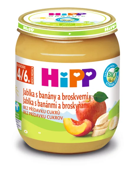 HiPP Príkrm 100% Ovocie Jablká, banány a broskyne 1×125 g, ovocný príkrm pre deti