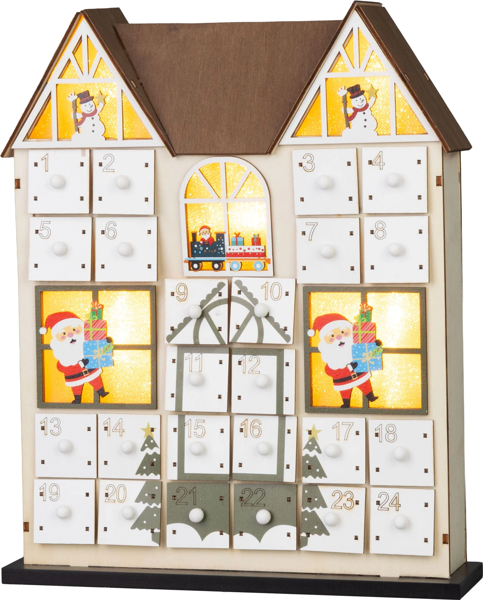 MagicHome adventný kalendár LED domček, 1 ks Drevený, 8 LED teplá biela, 2xAAA, IP20, 26x7x32 cm