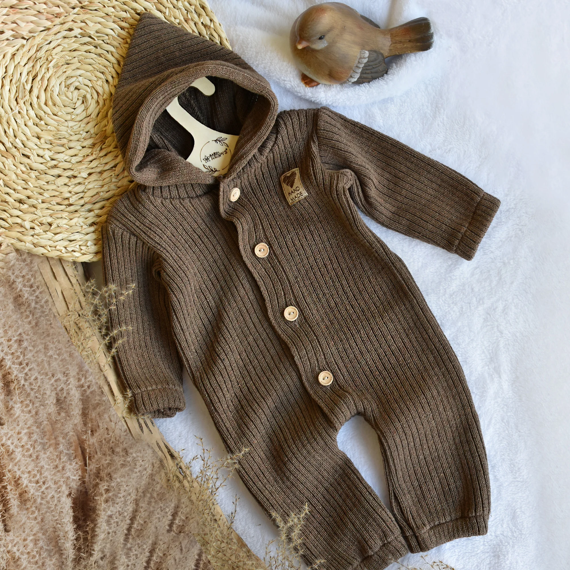 Baby Nellys Pletený overálok s kapucňou a gombíkmi Hand Made, hnedý, veľ. 68/74