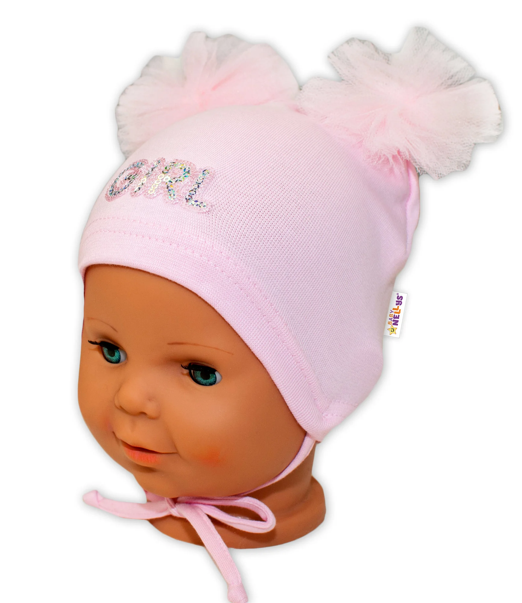 Bavlnená čiapočka na zaväzovanie Baby Nellys s mašličkami Tutu - sv. ružová, veľ. 68/74