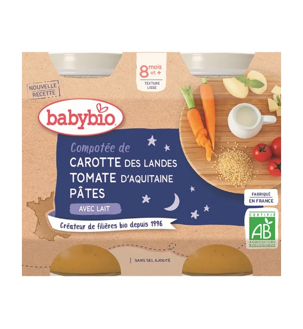 BABYBIO Večerné menu mrkva a paradajky s cestovinami (2x 200 g) 2×200 g, zeleninový príkrm
