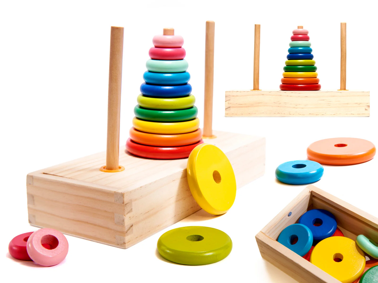 Drevená pyramída – Veža Hanoi / dúhový sorter s boxom
