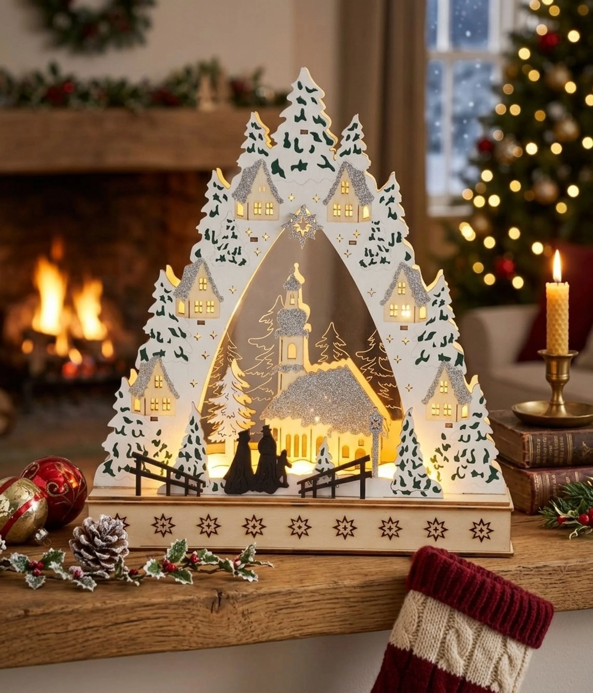 MagicHome vianočná LED dedinka s kostolom, 1 ks MDF, 30x7x33,5 cm, 2xAAA
