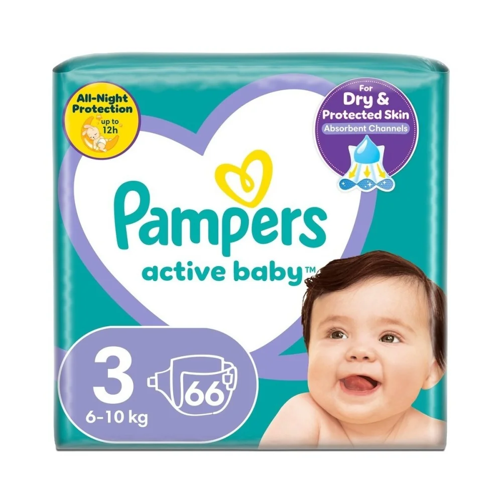 PAMPERS active baby Maxi Pack 3 Midi detské plienky (6-10 kg)(inov.2018) 1x66 ks